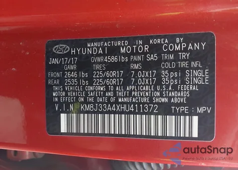 2017 Hyundai Tucson Se Plus из США, поврежденный, VIN KM8J33A4XHU411372